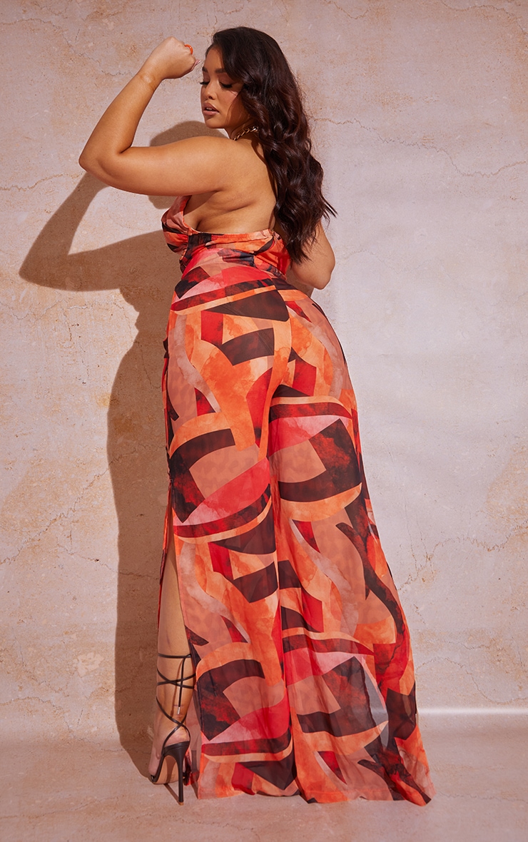 Plus Orange Abstract Print Chain Detail Split Leg Jumpsuit image 2