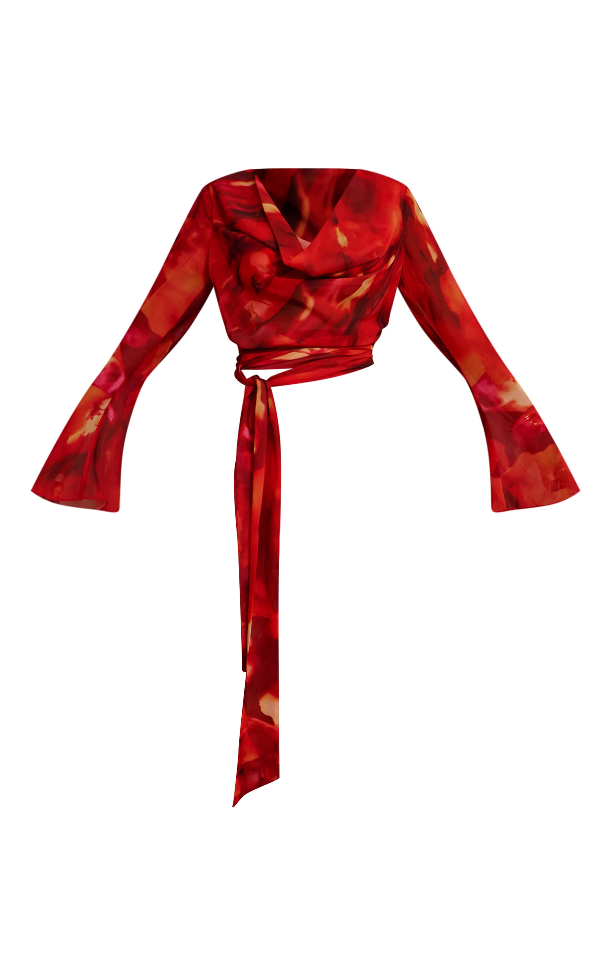 Red Printed Chiffon Wrap Waist Beach Top image 5