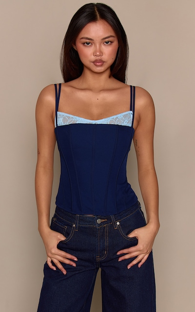 Navy Woven Contrast Lace Detail Strappy Corset