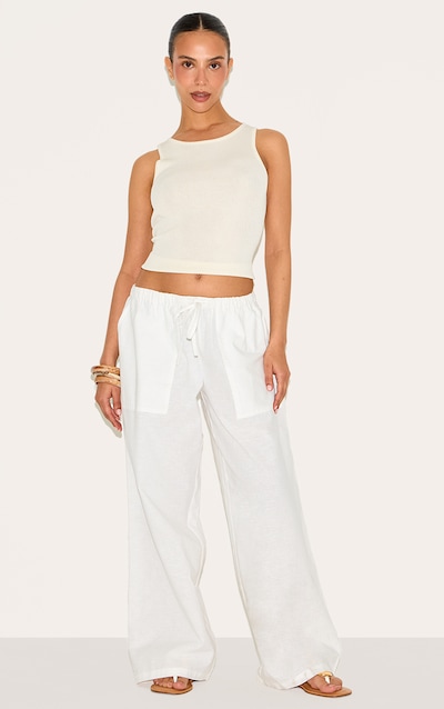Petite White Linen Drawstring Waist Trousers