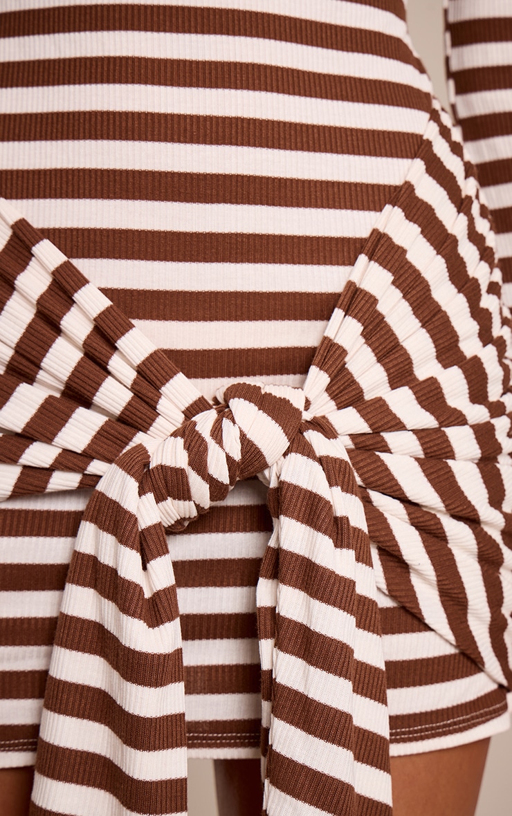 Chocolate Striped Long Sleeve Wrap Detail Bodycon Dress image 4