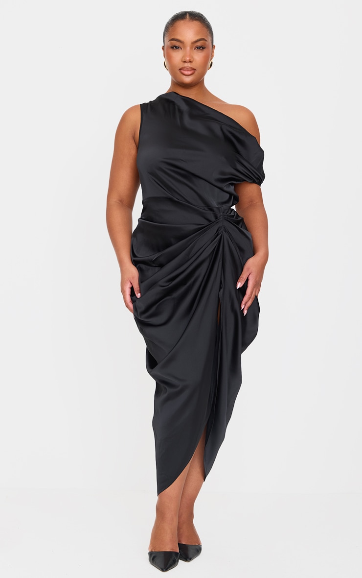 Plus Black Satin Off The Shoulder Draped Skirt Midi Dress image 1