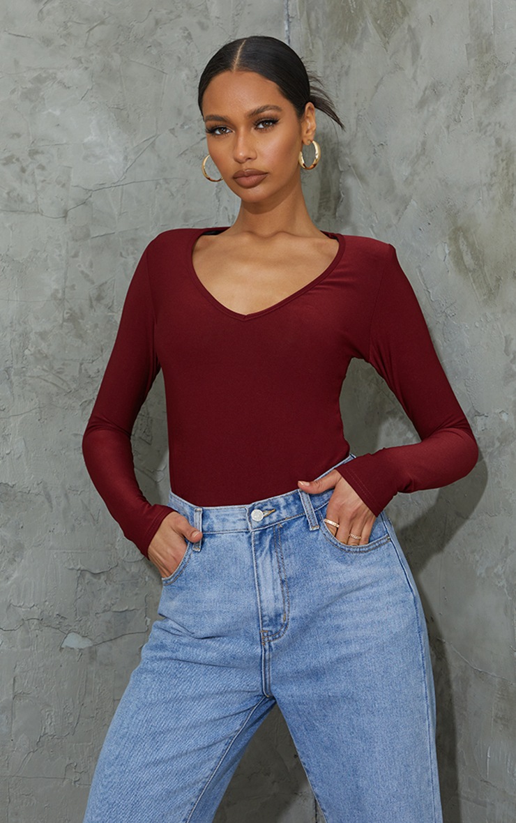 Burgundy Slinky Plunge Shoulder Pad Long Sleeve Bodysuit