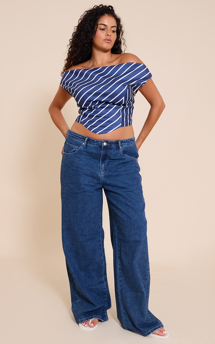Plus Indigo Blue Striped Satin Asymmetrical Sleeveless Top image 3