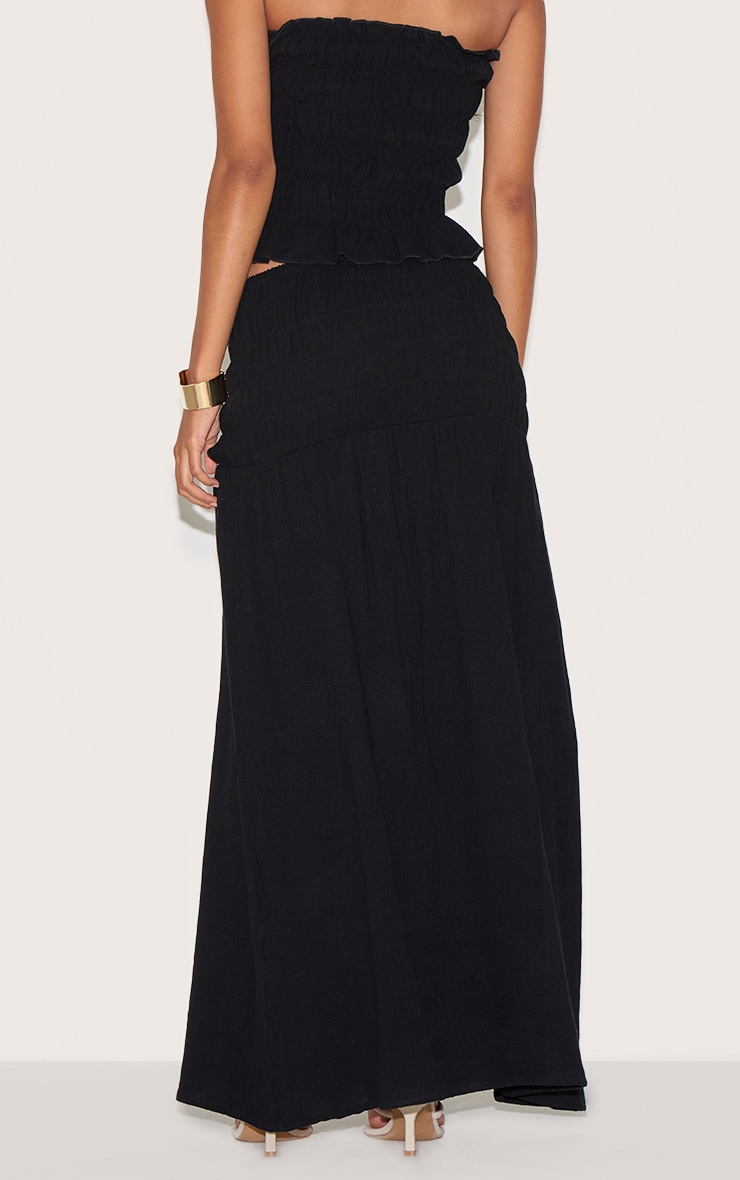 Black Shirred Linen Look Panel Mid Rise Maxi Skirt image 3