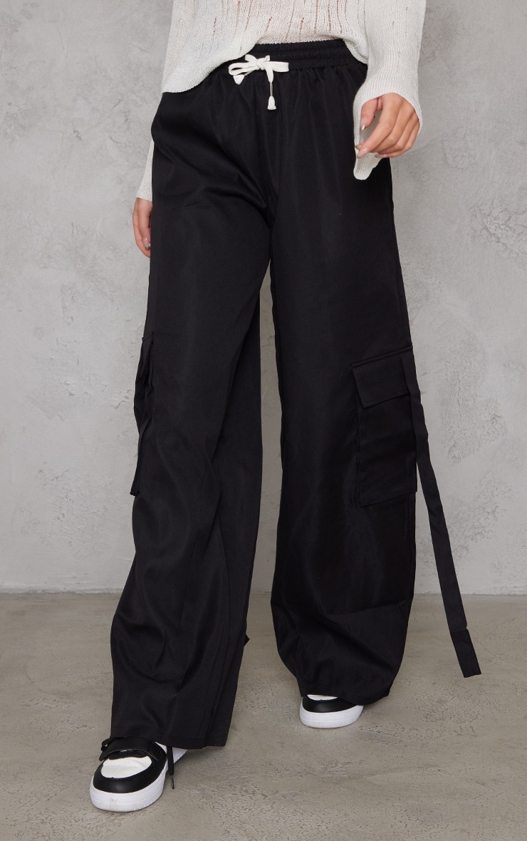 Black Elasticated Waist Wide Leg Cargo Pants PrettyLittleThing AUS