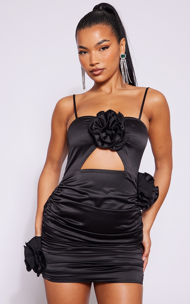 Black Rose Detail Ruched Strappy Satin Bodycon Dress image 3