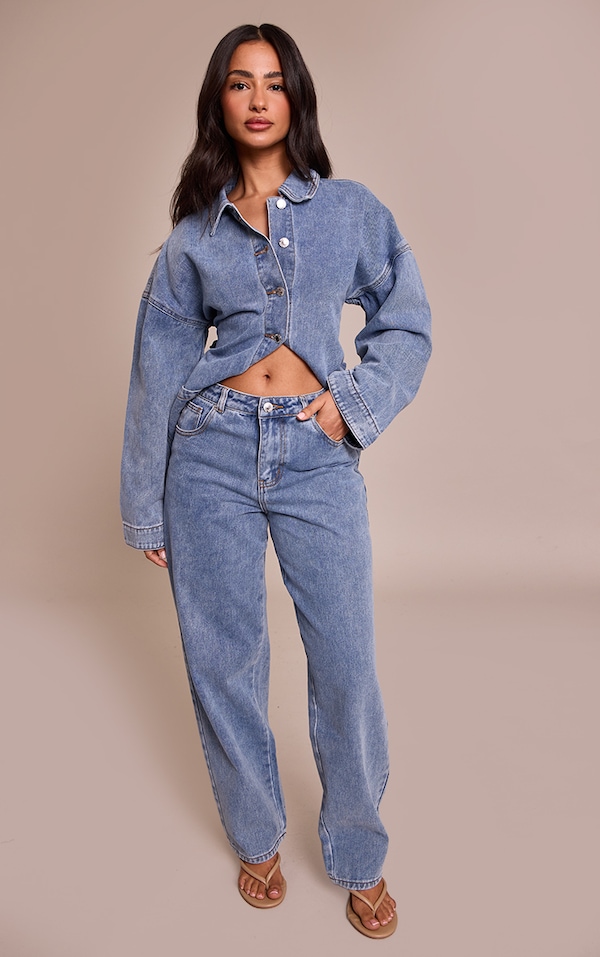 Petite Washed Mid Blue Denim Wide Leg Jeans
