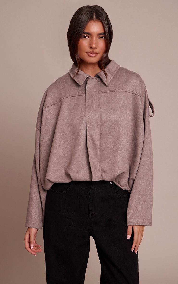 Taupe Zip Through Faux Suede Bomber Jacket image 1