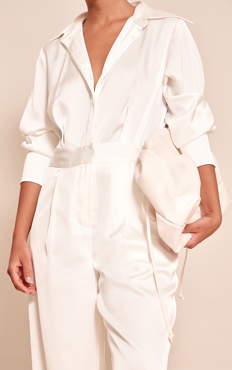 White Satin Shirt Detail Wide Leg Jumpsuit image 4