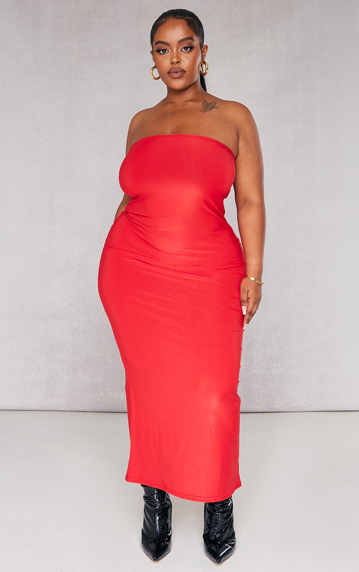 Plus Red Slinky Bandeau Midaxi Dress image 3