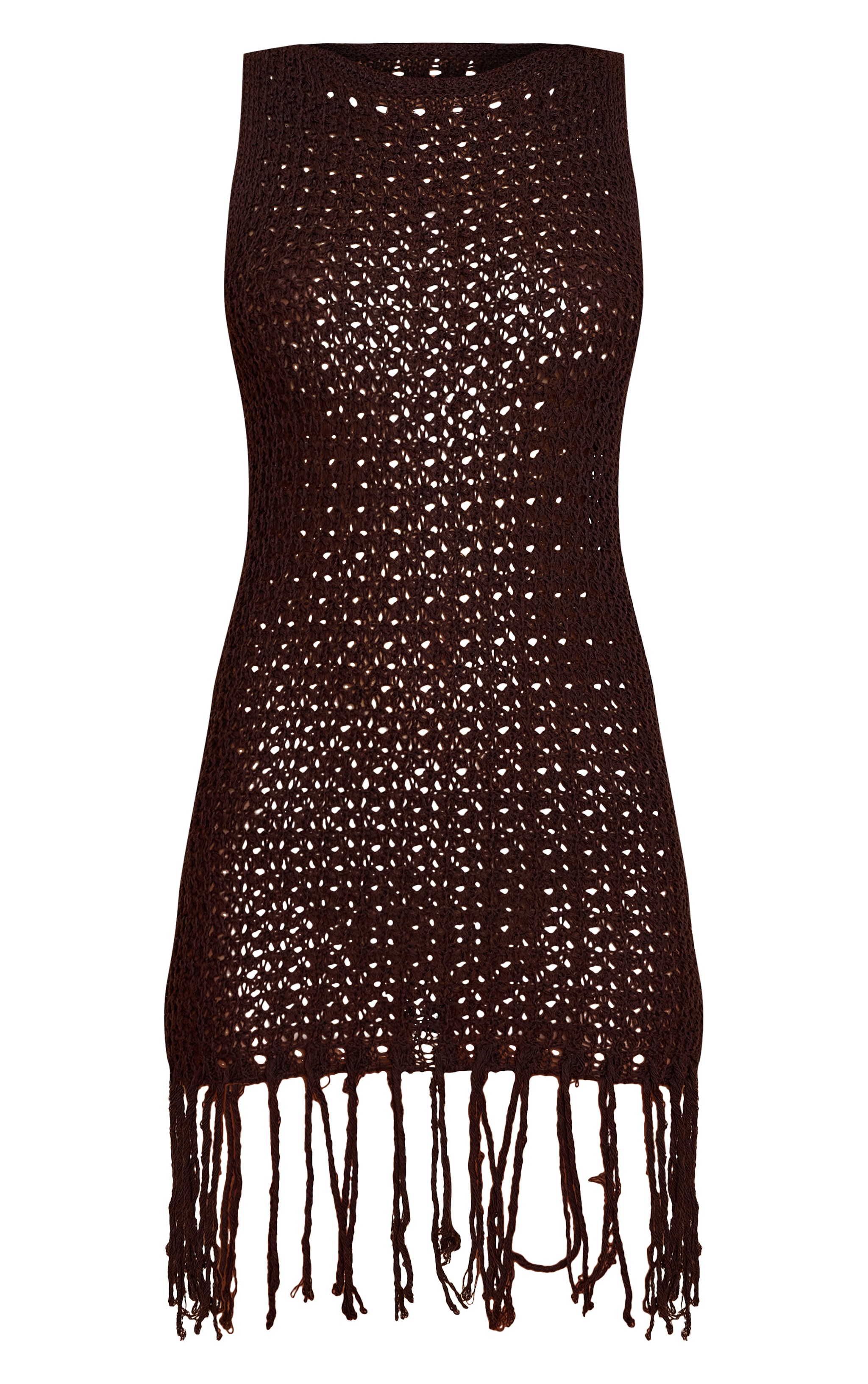 Chocolate Crochet Boat Neck Tassel Mini Dress image 5