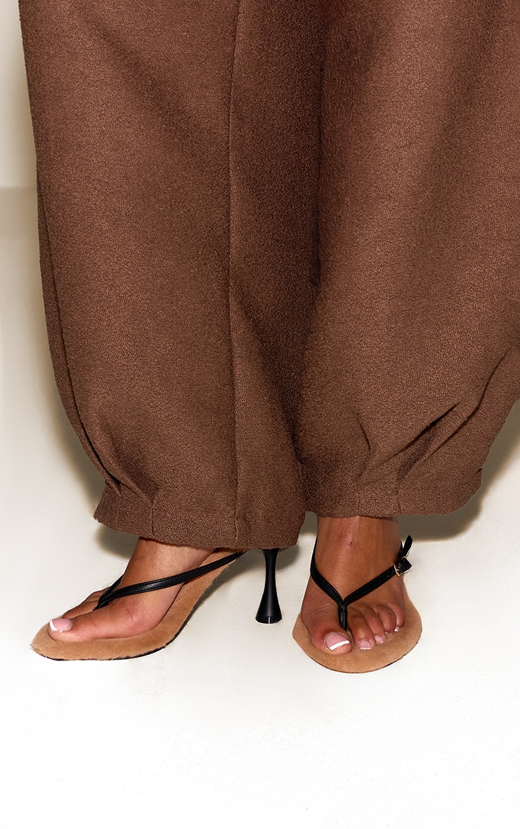 Caramel Fur Trim Toe Thong Heeled Mule