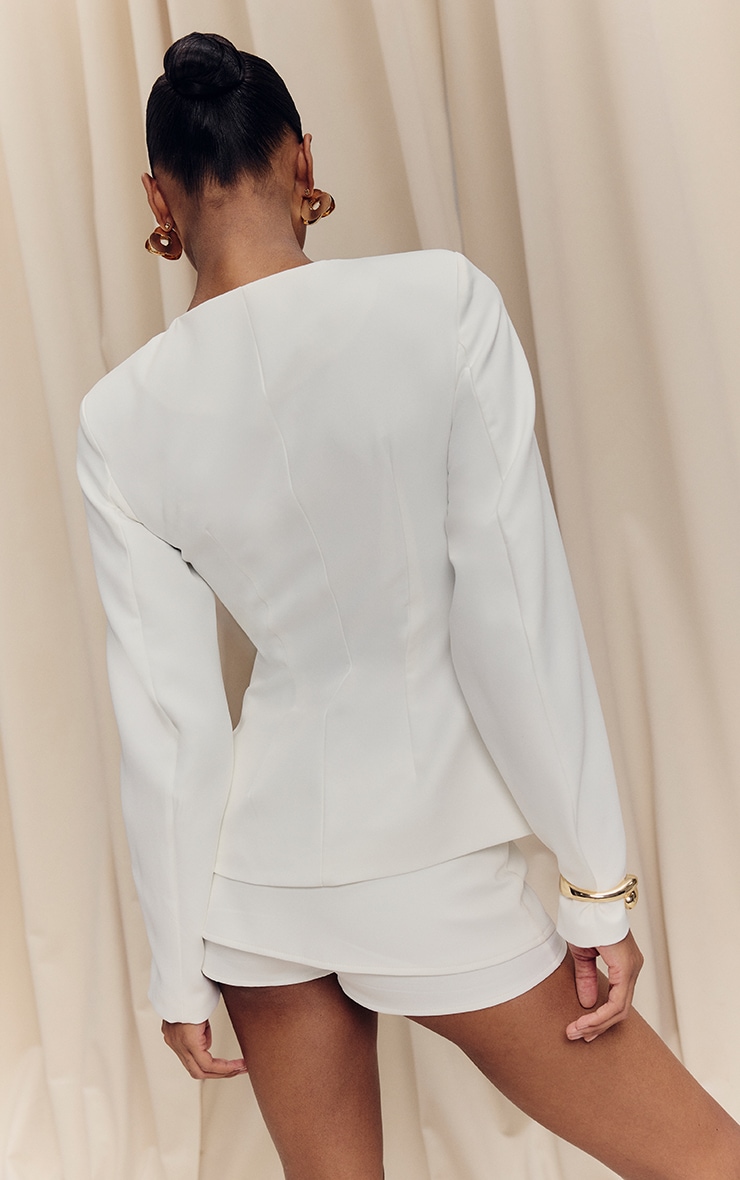 White Woven Cinched Waist Cocoon Sleeve Button Up Blazer image 2