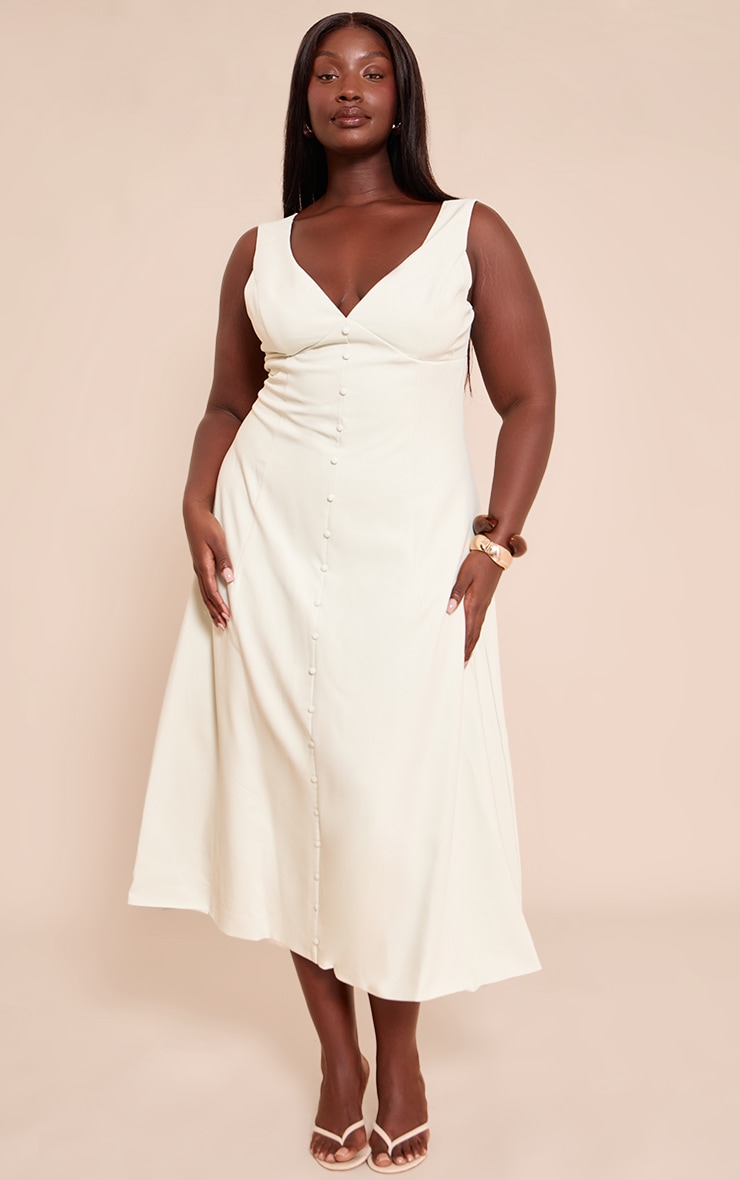 Plus Sage Green Tailored Woven Plunge Button Down Midi Dress image 1