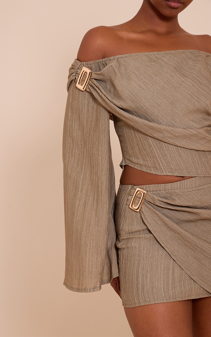 Mushroom Textured Gold Detail Bardot Long Sleeve Top image 4