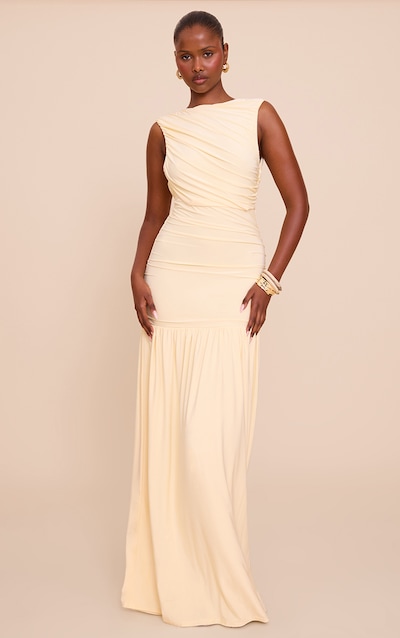 Lemon Boat Neck Ruched Detail Maxi Dress