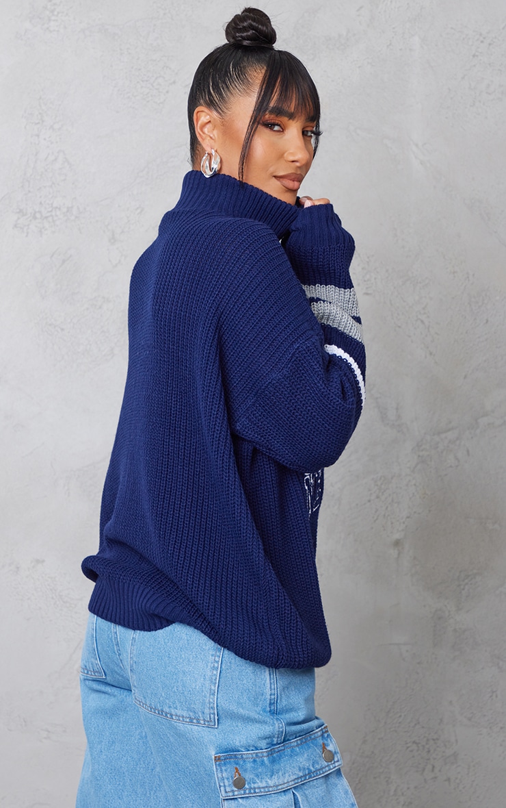 Navy Varsity Half Zip Embroided Knit Jumper image 2