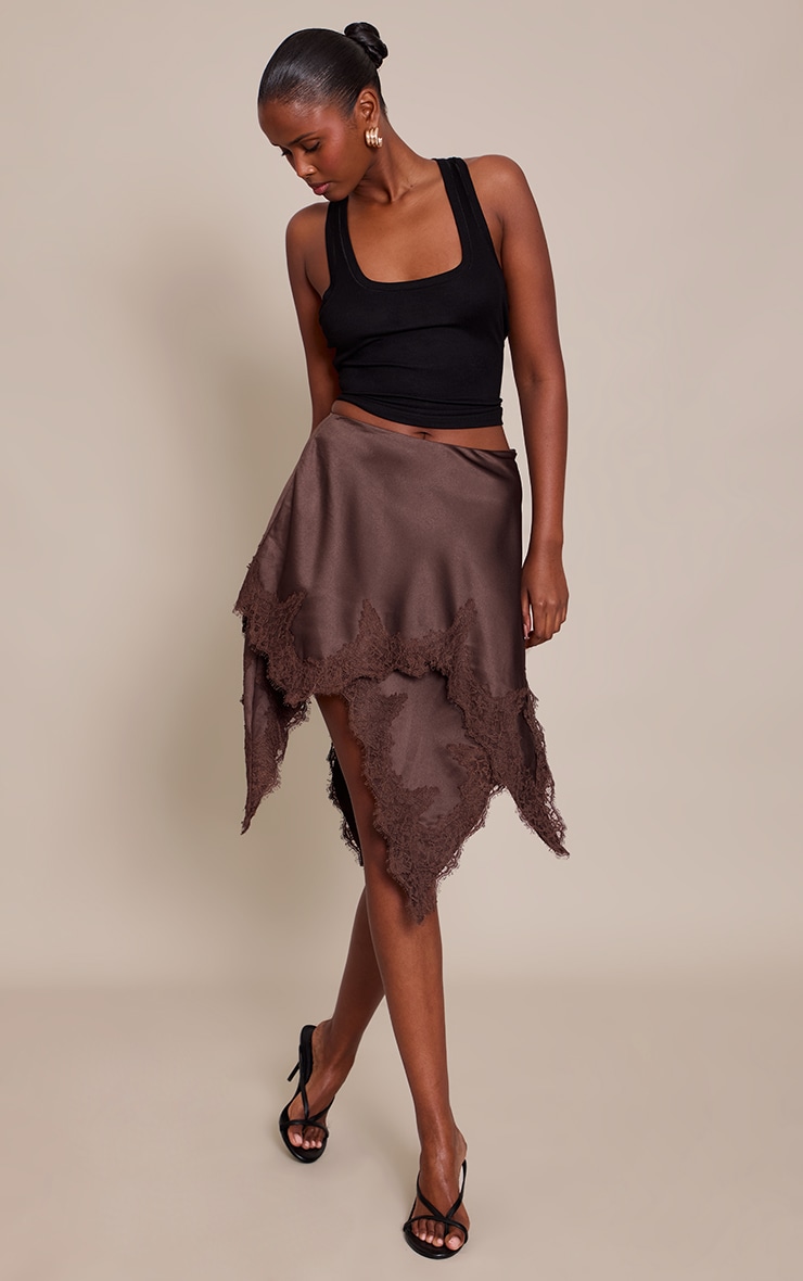 Chocolate Satin Lace Asymmetric Hanky Hem Skirt | Bottoms