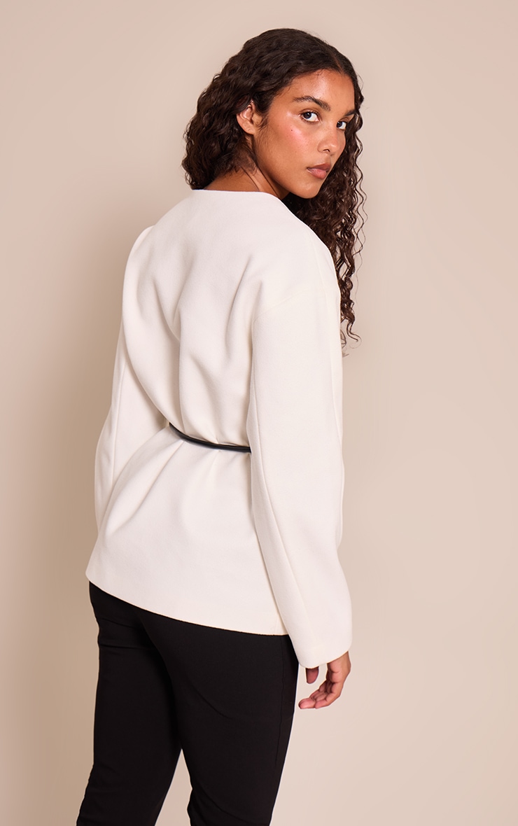 Ecru Collarless Wrap Style Tie Waist Wool Look Coat image 2