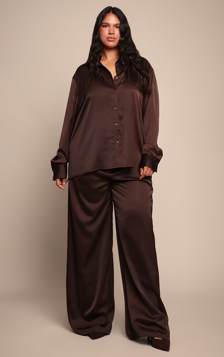 Plus Chocolate Crinkle Satin Oversized Shirt image 3