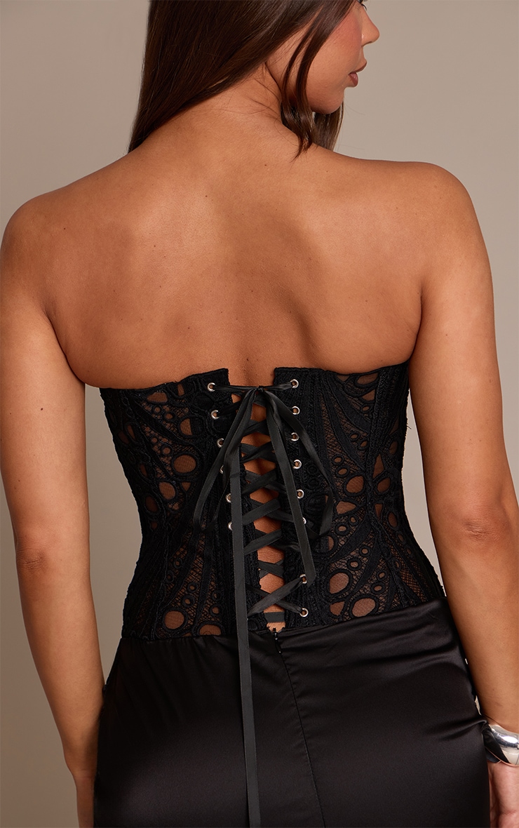 Black Corset Detail Satin Ruched Mini Dress image 4
