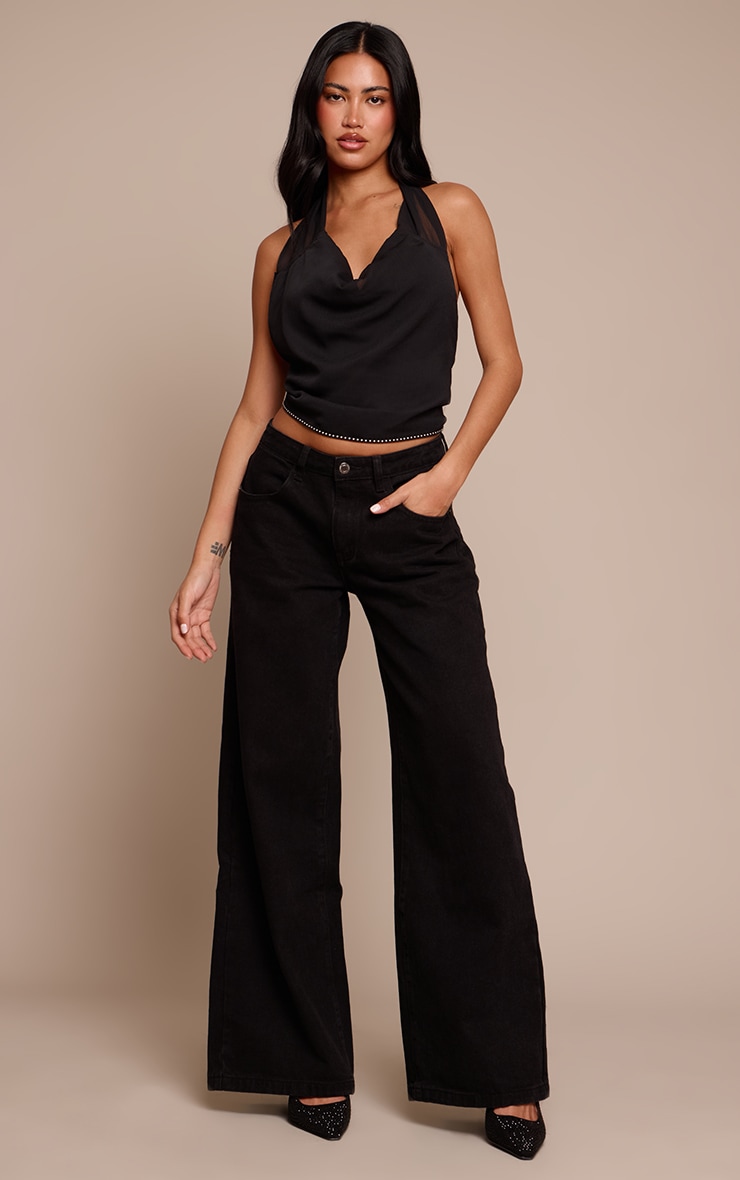 Black Chiffon Studded Detail Cowl Neck Top  image 3