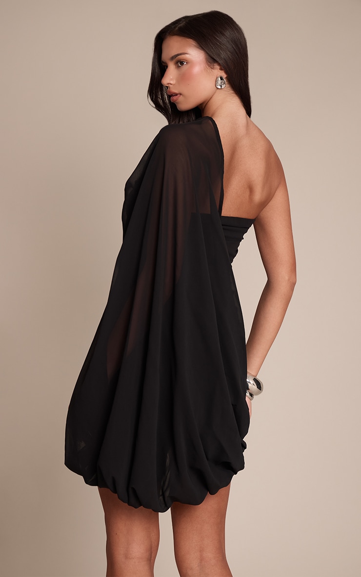 Black Chiffon Ruched One Sleeve Mini Dress image 2