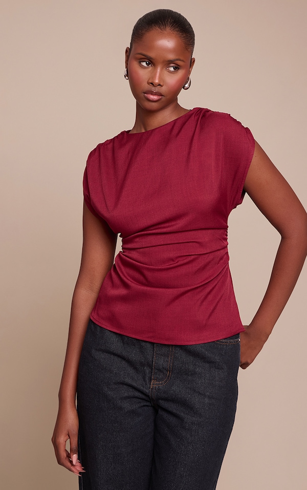 Burgundy Satin Ruched Side Top 