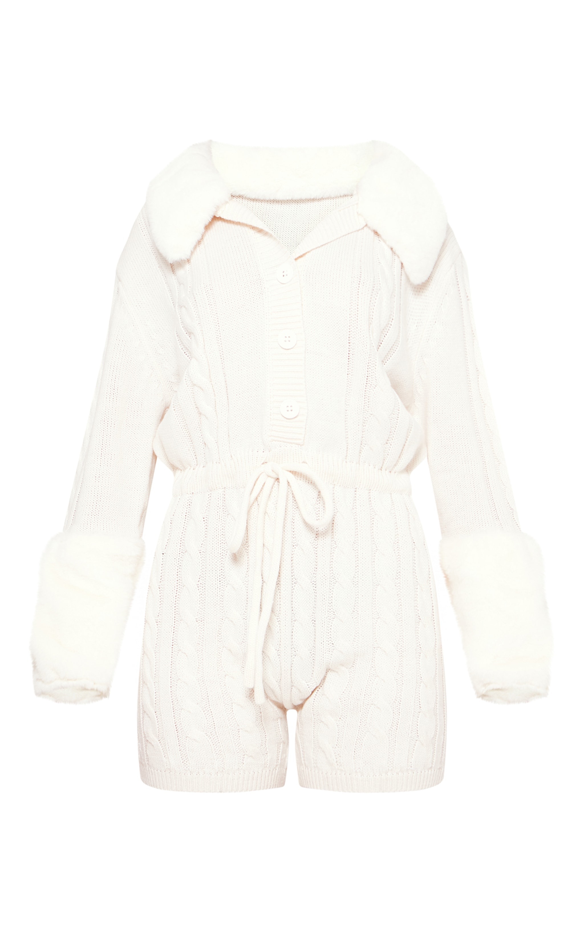 Petite Cream Faux Fur Trim Cable Knit Playsuit image 5