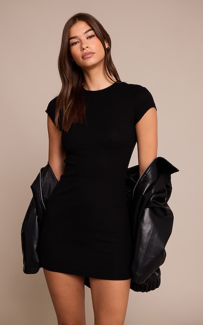 Black Soft Touch Ribbed Cap Sleeve Bodycon Dress