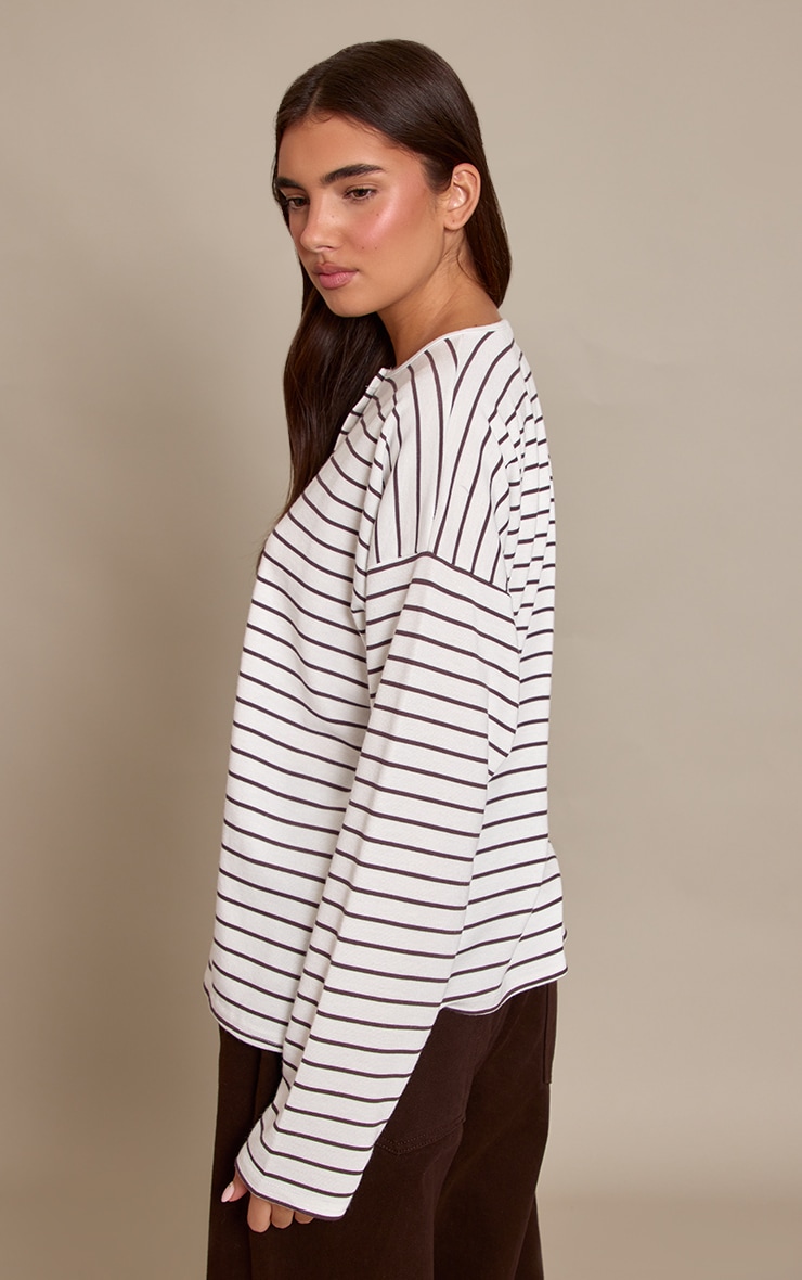 Cream Striped Button Down Detail Oversized Long Sleeve Top image 2