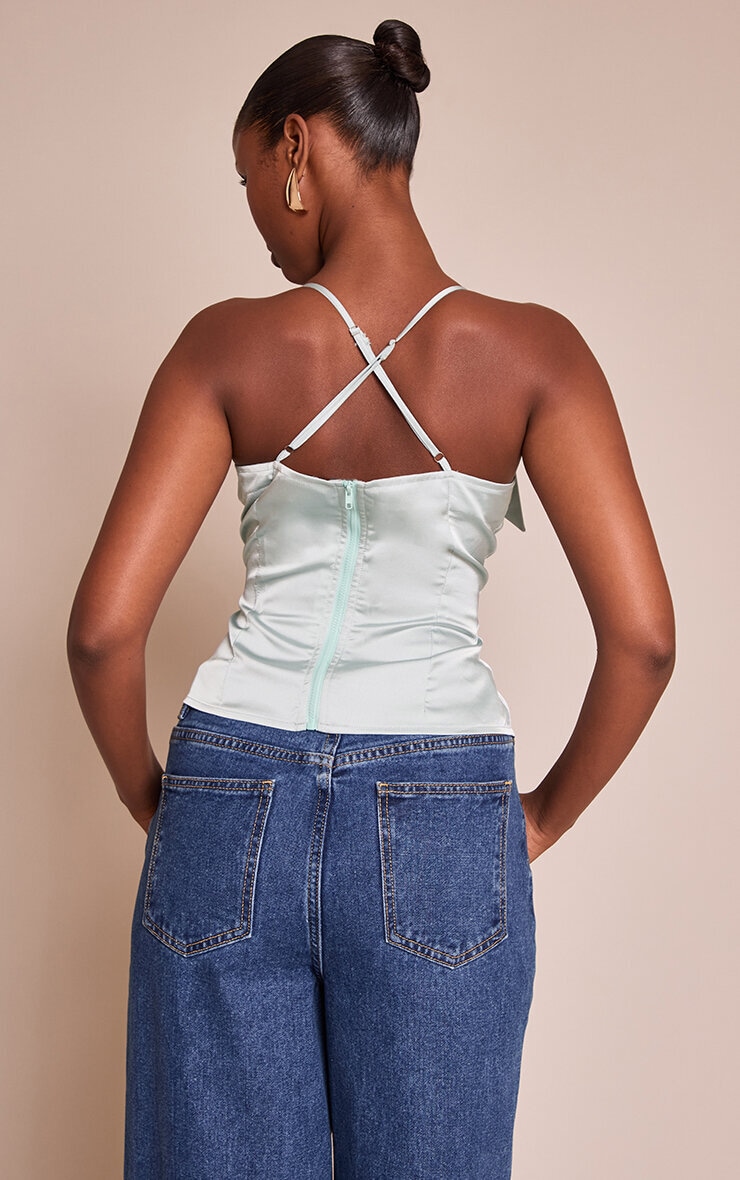 Blue Satin Fold Over Detail Strappy Long Top image 2