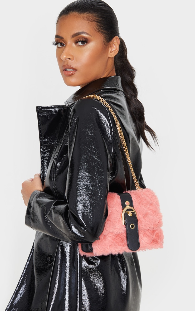 Dusty Rose Faux Fur Quilted Buckle Cross Body Bag