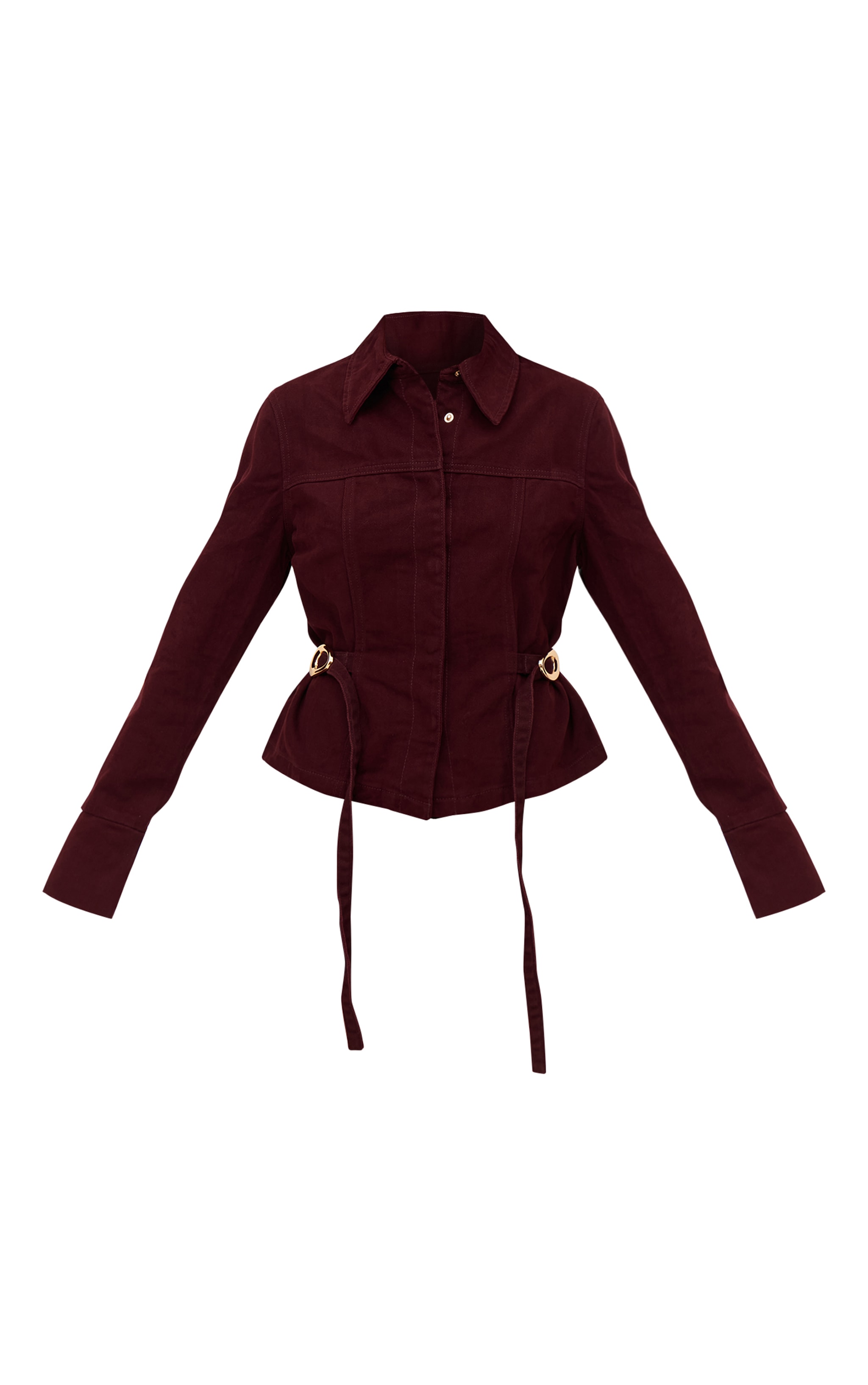 Burgundy Concealed Placket Crop Belted Denim Jacket image 5