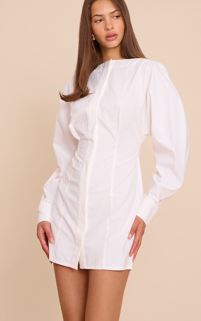 White Button Down Boat Neck Cocoon Sleeve Bodycon Dress
