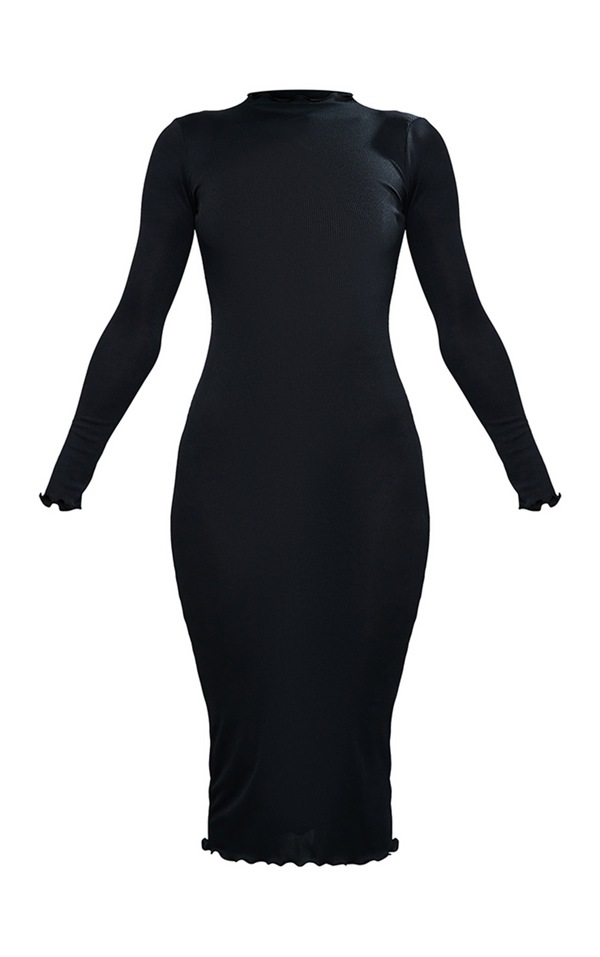 Black Rib Lettuce Hem Long Sleeve Midaxi Dress PrettyLittleThing