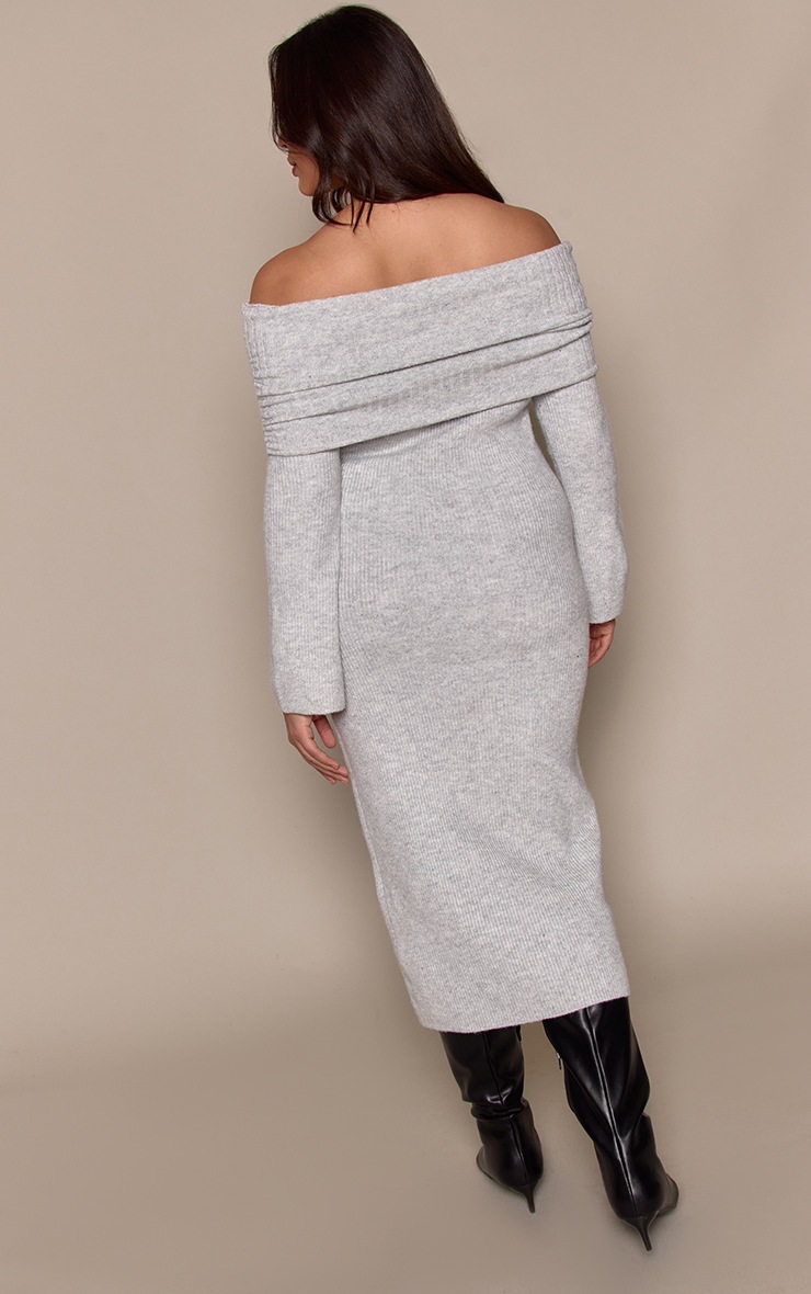 Plus Grey Foldover Bardot Knitted Sweater Dress image 2