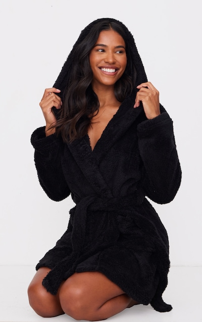 PRETTYLITTLETHING Black Fluffy Dressing Gown