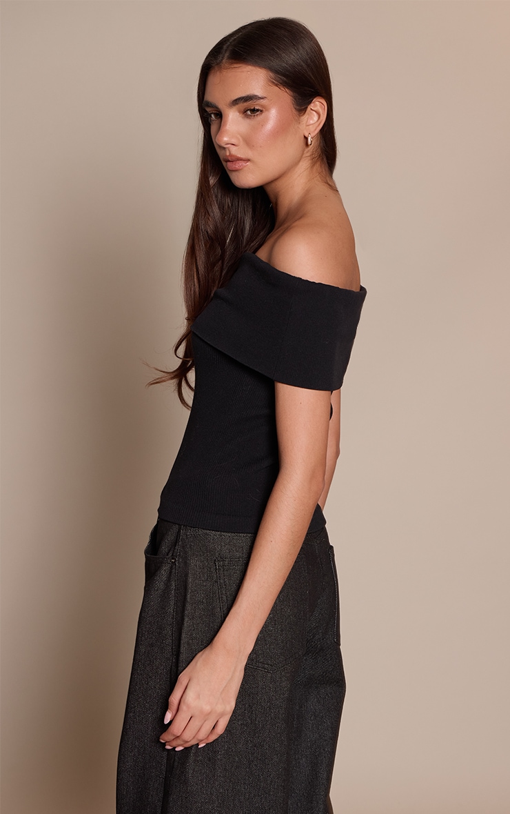 Black Contour Rib Fold Over Bardot Detail Long Top  image 2