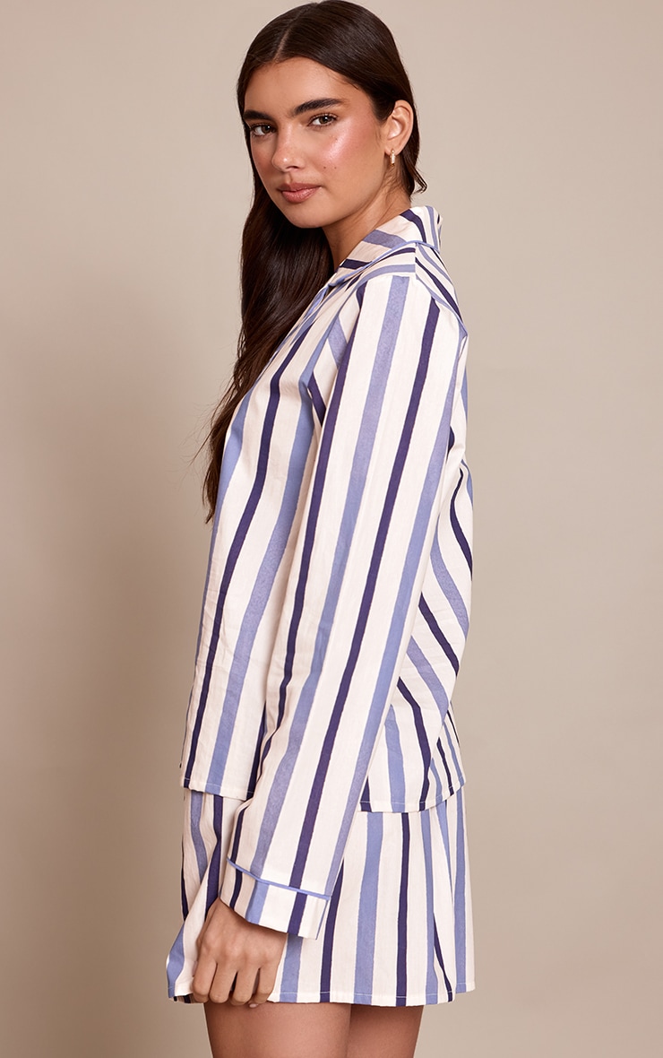 Blue Stripe Poplin Long Sleeve Top and Shorts PJ Set image 2
