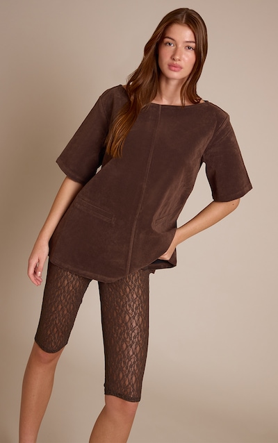Dark Chocolate Faux Suede Oversized Boxy Detail Structured Top