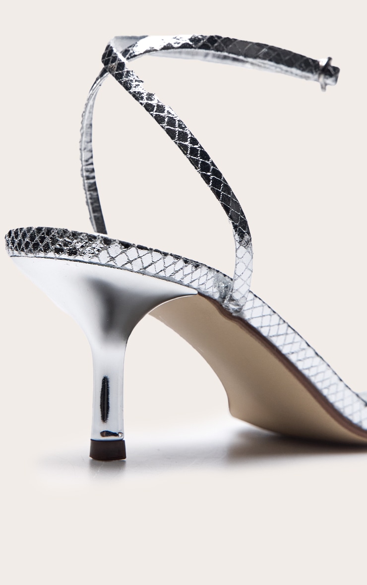 Silver Snake Pu Square Toe Barely There Mid Heeled Sandals image 4