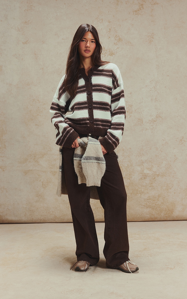 Chocolate Wool Blend Striped Cardigan image 4