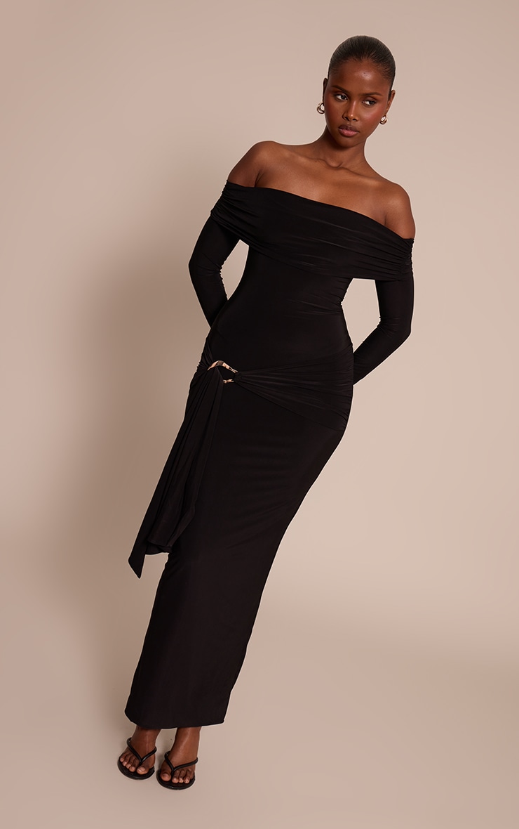 Black Slinky Off The Shoulder Wrap Maxi Dress image 3