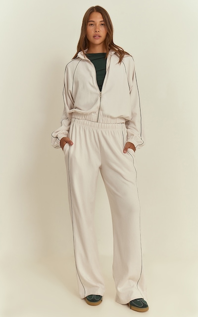 Cream Interlock Contrast Piping Wide Leg Track Pants