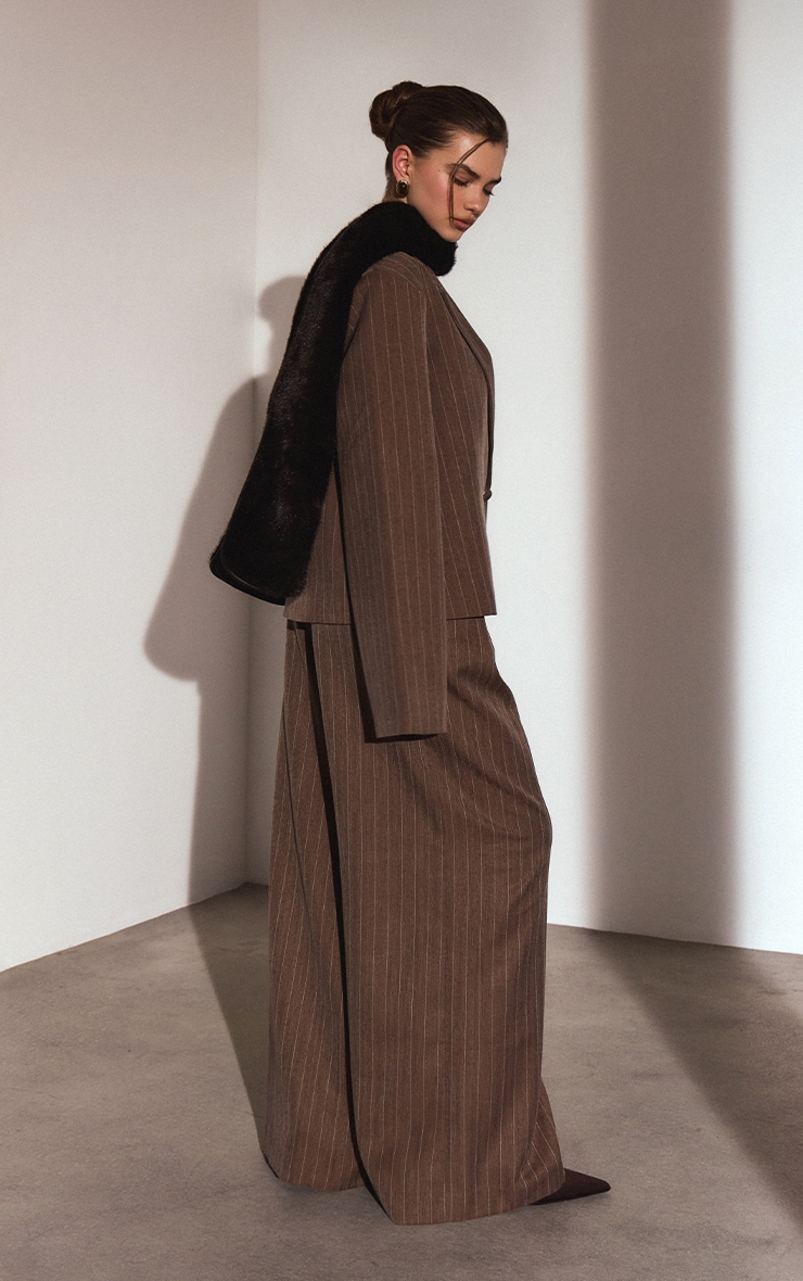 Chocolate Brown Pinstripe Pleated Wide Leg Trousers