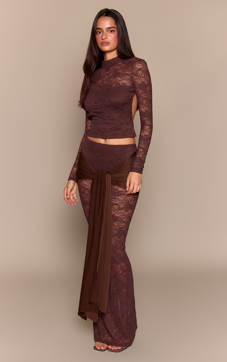 Dark Brown Lace Slinky Drape Maxi Skirt image 2