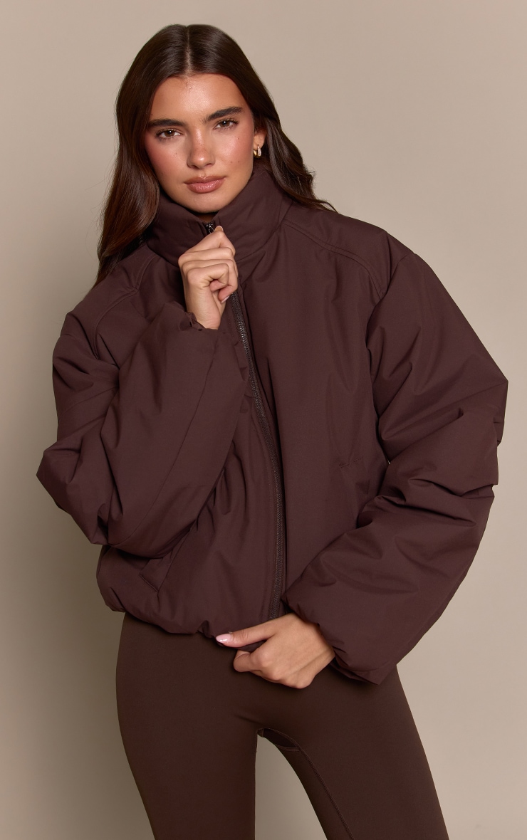 Chocolate Funnel Neck Cocoon Sleeve Zip Through Jacket