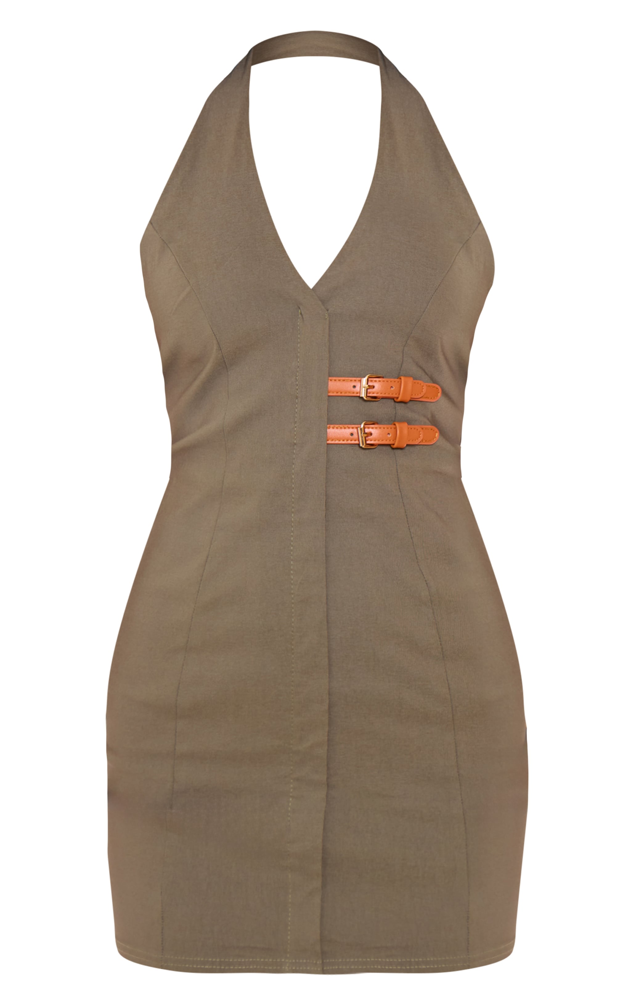 Dark Khaki Stretch Woven Belted Bodycon Dress image 5